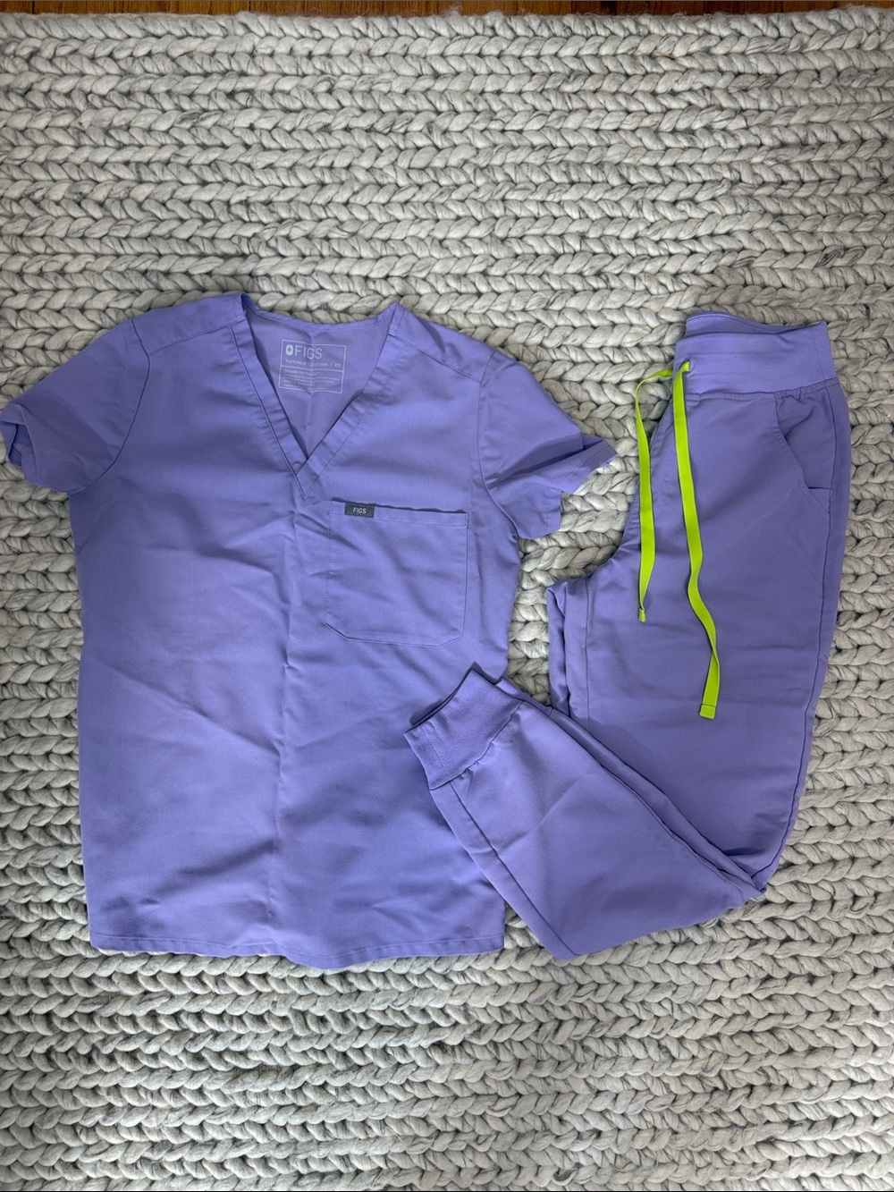 Figs Lavender Pajama-Style Scrub Set with Lime Drawstring